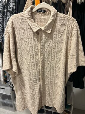 Open-Knit Short-Sleeve Button-Down Shirt in Cream